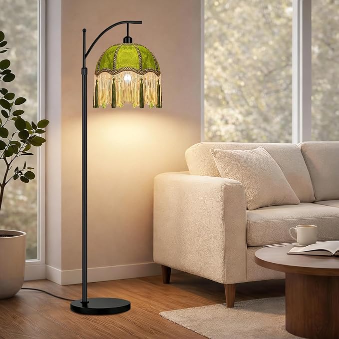 QIYIZM Arc Floor Lamp for Living Room,Bedroom,Standing Lamp with Remote Dimmable,Green Mid Century Black Tall Lamp Boho Vintage Retro Fringe Tassel Flower Velvet Unique Lamp Victorian Tiffany Decor