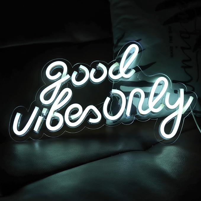 JFLLamp Good Vibes Only Neon Signs for Wall Decor Neon Lights Led Signs Suitable for Living Beer Bar Game Room Hotel Birthday Party Restaurant Christmas Unique Gift for Lover, 16.5 * 10 Inch(White)