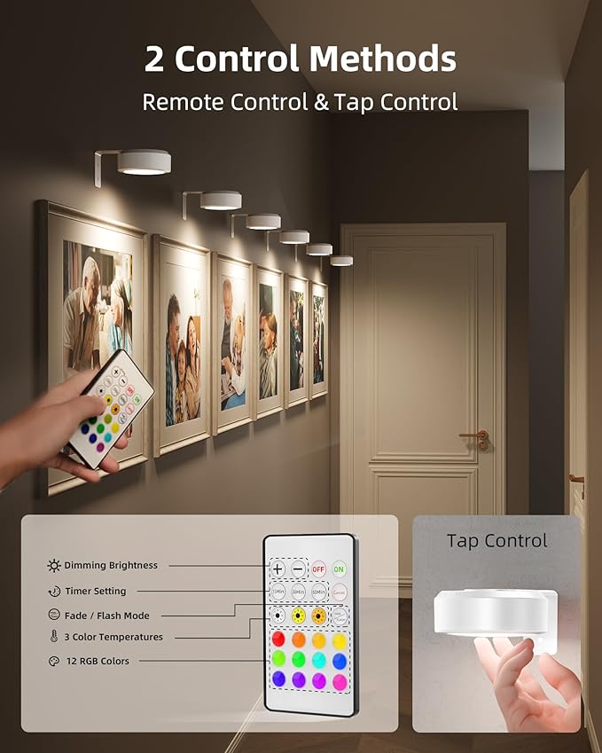 EZVALO Picture Lights for Wall, 2000mAh Rechargeable Battery Magnetic Poster Lights with 3 Color Temps & 12 RGB, Remote Dimmable Timer Painting Light, Wall Decor Light for Art Display, Frame (3 Pack)