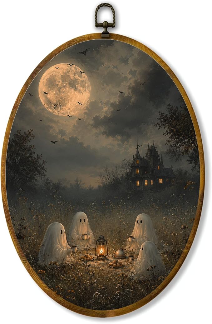 Ghost Tea Party Oval Wall Art, Framed Canvas Decor, 8.5x11.5 Inch | Ghost tea party under full moon, bats, lantern and haunted mansion Halloween decor