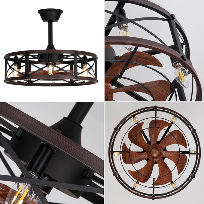 SHLUCE 22 Inch Farmhouse Caged Ceiling Fan with Light, Brown, ETL Listed | Rustic Fandelier Design, Remote Controlled, Quiet Operation, Energy Efficient, Ideal for Kitchen & Bedroom Indoor Use