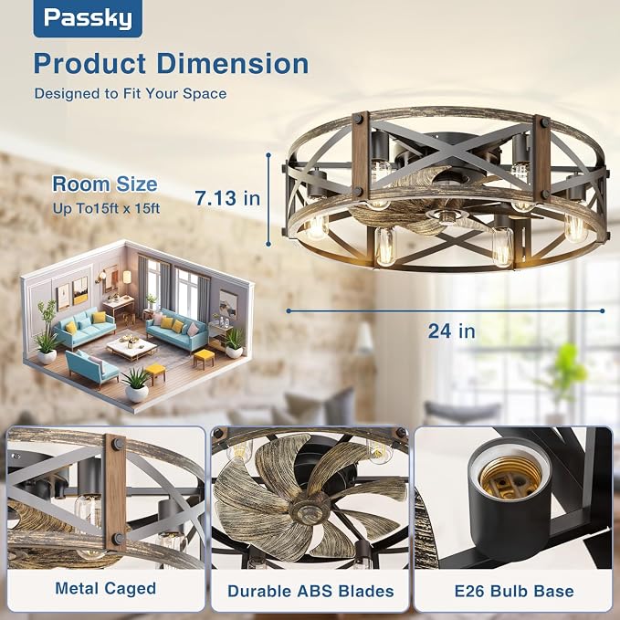 Passky 24" Caged Ceiling Fans with Lights and Remote, Low Profile Fandelier | Reversible DC Motor, 1/2/4/8H Timer, 6 Speeds, Farmhouse, Quiet Operation, 6 E26 Sockets, For Bedroom, Kitchen, Dining Room