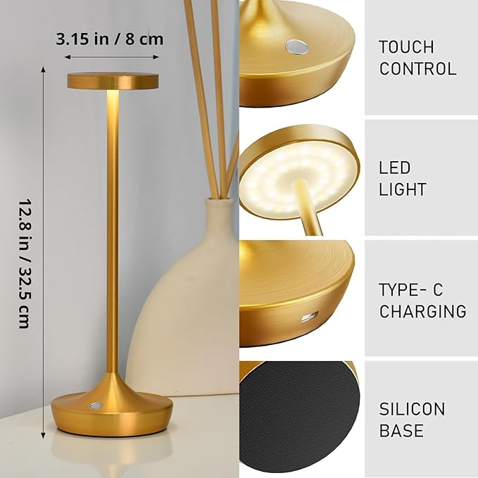 2 Pack Gold Cordless Table Lamps, Rechargeable 6000mAh, 72H Runtime | Stepless Touch Dimming with 3 Color Modes & Memory Function, Portable IP54 Waterproof for Home/Dinner/Patio/Restaurant (Gold)