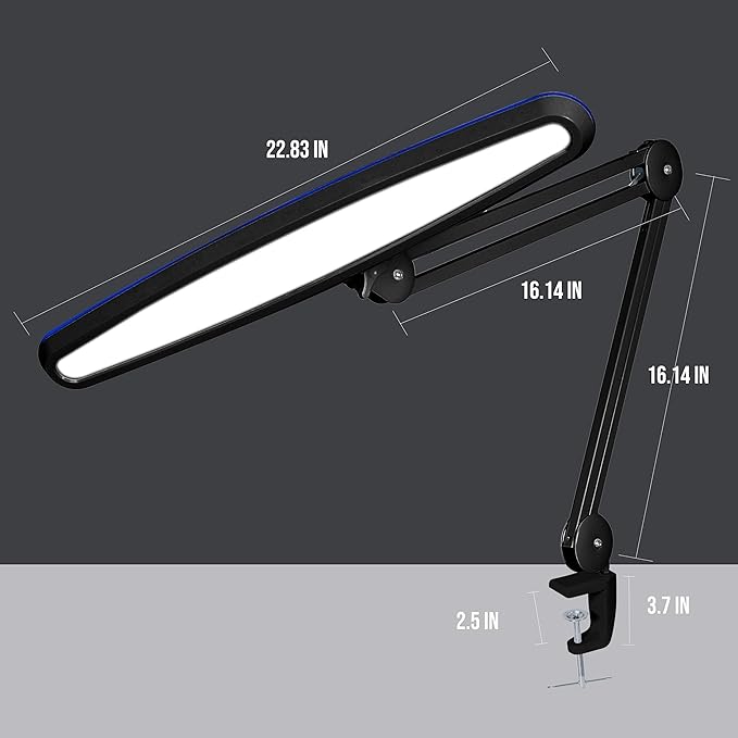 Neatfi XL 2,200 Lumens 24W LED Desk Lamp – 23” Wide Shade | Dimmable Eye-Caring Task Light | Adjustable Arm | Home Office, Study, Crafts & Nail Tech (Non-CCT with Clamp, Black)