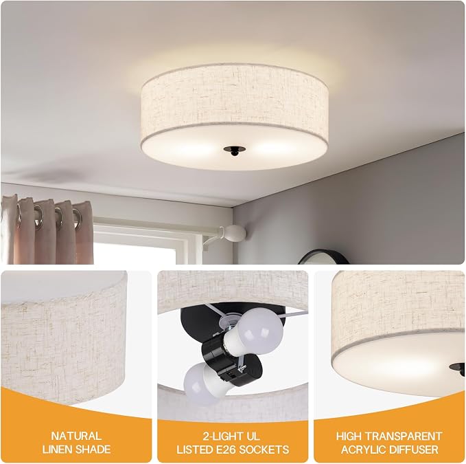 CALOKES Flush Mount Ceiling Light Fixture, 13" Close to Ceiling Light with Beige Fabric Linen Drum Shade, 2-Light Modern Round Ceiling Light for Bedroom Hallway Dining Kitchen