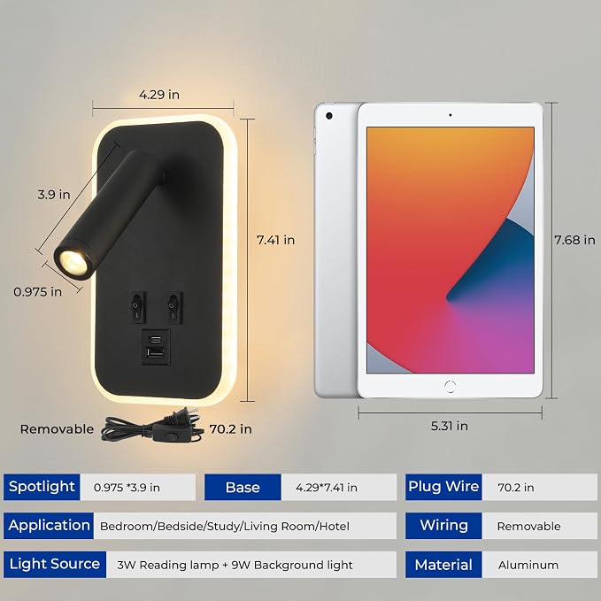 Wall Lamp with Wall Mounted Reading Lights,Modern Black Wall Sconce Plug in for Bedroom Living Room with Charging Station USB C+A Ports,Headboard Bedside Lamps with 3W+9W Night Light 3000K