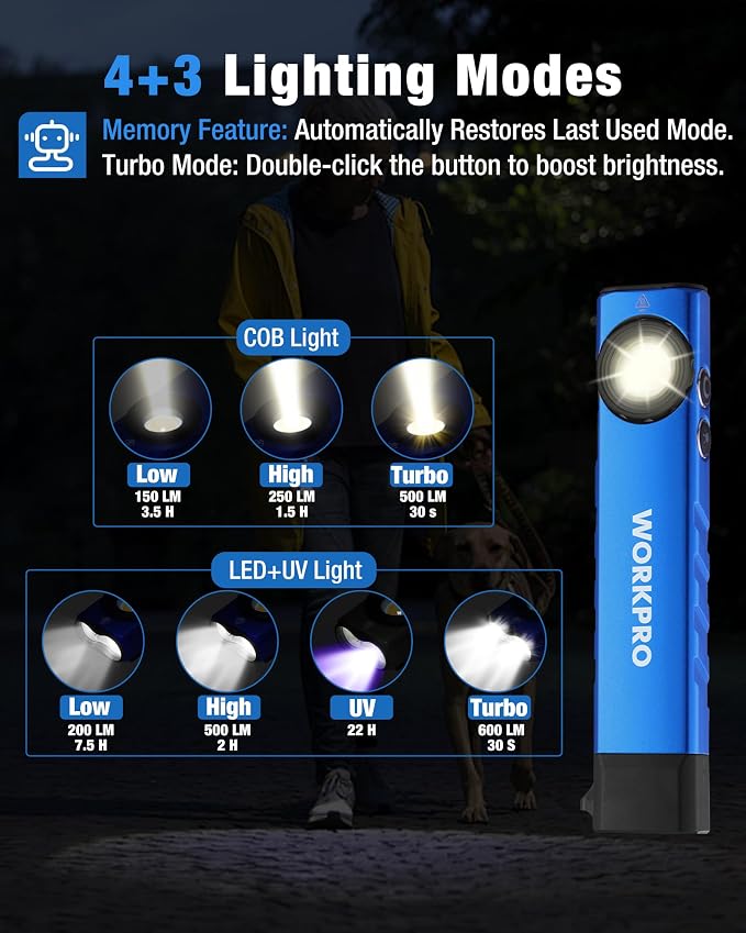 WORKPRO Rechargeable Pocket Flashlight, Magnetic EDC Light with UV, Blue | Compact, 600 Lumens LED & UV Light, 2 Magnetic Bases, Pocket Clip, 7 Modes, Garage, Repair & Emergency Use