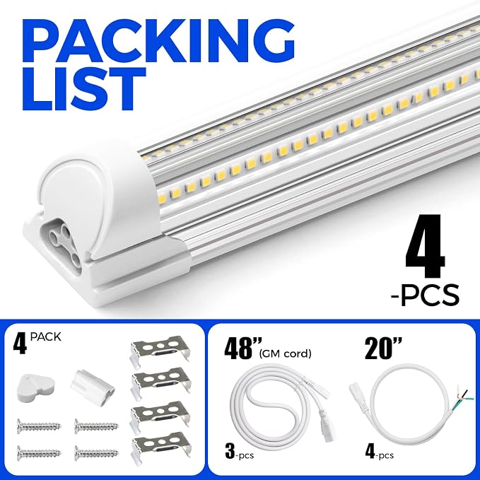Barrina T8 LED Shop Lights 8FT, 100W 15000LM 5000K, 4 Pack, High Output | 8 Foot for Garage Workshop and Workbench Use, Easy Clip Ceiling Mount, Linkable to 3, V Shape, Aluminum, Clear Cover