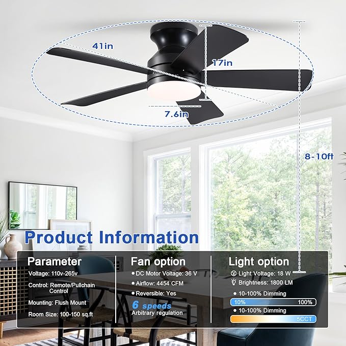 41 inch Ceiling Fans with Lights, Black Flush Mount Ceiling Fan with Remote, 3CCT, LED Dimmable, Reversible, 6 Fan Speeds, Quite Low Profile Ceiling Fan with Lights Modern Bedroom Kitchen Indoor