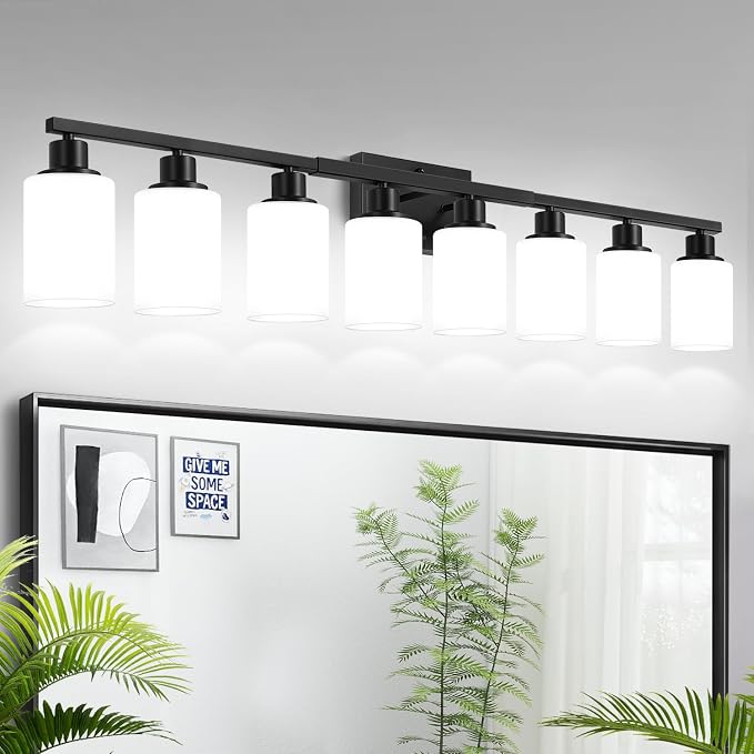 MOKATNG 8-Light Bathroom Light Fixtures, Vanity Light with Milky White Shades, Matte Black Bathroom Light Fixtures Over Mirror, Modern Bathroom Wall Lamp for Mirror Living Room Cabinet Bedroom
