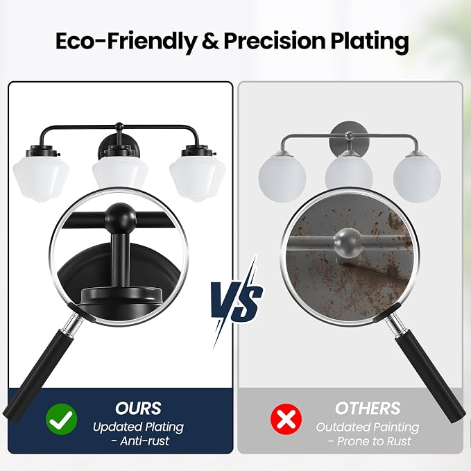 RUIYEY Bathroom Vanity Light Fixtures: 3-Light Black Vanity Lights for Bathroom Over Mirror, Farmhouse Wall Sconce Lighting with Frosted Milky Glass for Kitchen (Exclude Bulb)