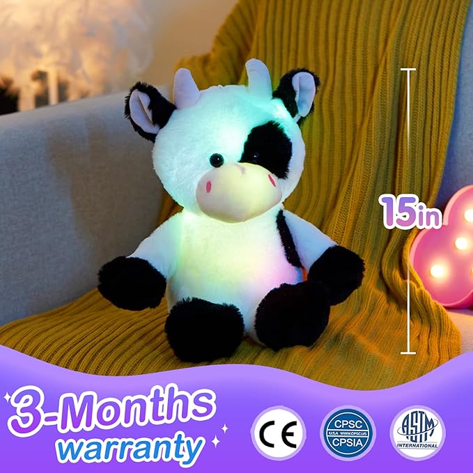 Glow Guards Light up Cow Stuffed Animal Adorable Glow Soft Farm Animal Plush Toy with LED Night Lights Birthday Christmas Children's Day Gifts for Toddler Kids, 15''