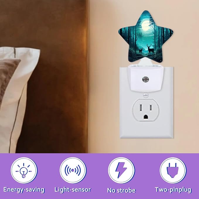 Night Lights Plug Into Wall Decorative,Fantasy Forest Deer Nightlights for Kids Bedroom, Starry Moon Night Energy Efficient Dusk-to-Dawn Sensor Sleep Friendly Lamp for Nursery Bathroom