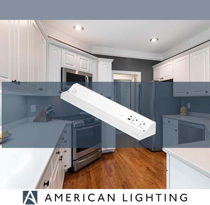 American Lighting LED Courant Plus Undercabinet Light 18 Inch White | 5CCT, 90+ CRI, 1000 Lumens, USB-A USB-C and 20A Receptacles, Title 24 Compliant