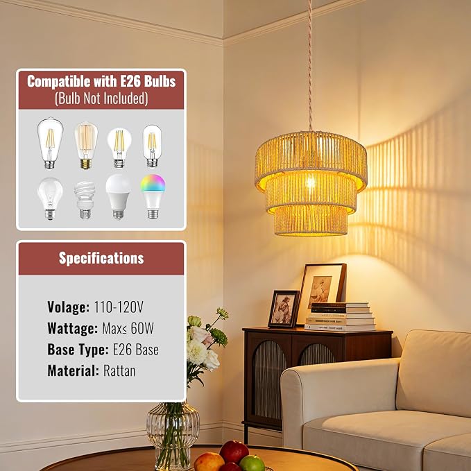 Hanging Light Ceiling Lamp Pendant Lights Rattan Hanging Lamp with Plug in Cord for Living Room Bedroom Kitchen Indoor Hanging Lamp Plug in Woven Lampshade