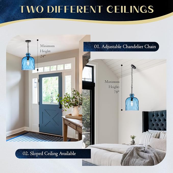 Blue Hammered Glass Pendant Light – 10-Inch Wide Single Dome Light Fixture, 1-Light E26 Ceiling Hanging Lamp for Kitchen Island, Dining Room, Hallway