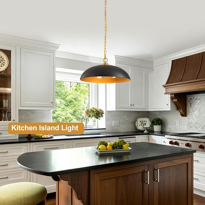 20in Black and Gold Dome Pendant Light, Large 3-Light Chandelier | Industrial Matte Black Oversized Pendant Light Fixture Ceiling Hanging Lamp for Kitchen Island Dining Room Over Table 1 Pack