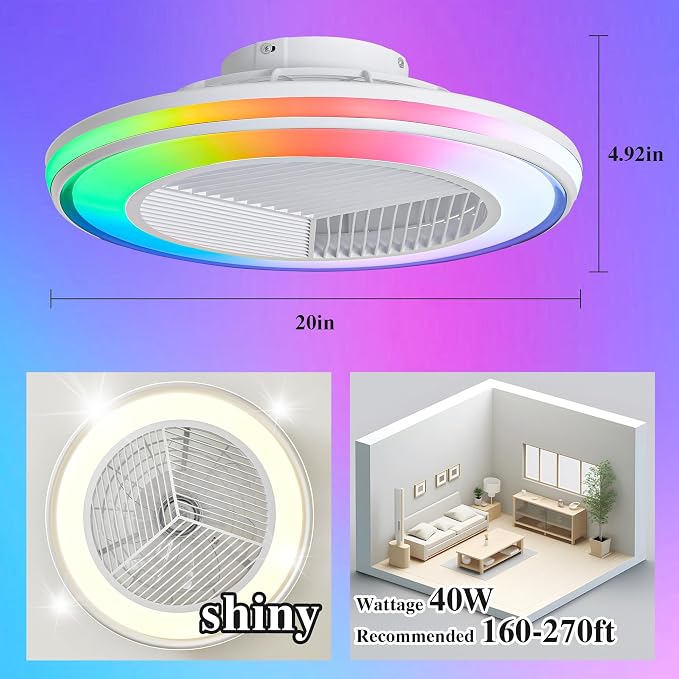 Smart Ceiling Fans with RGB Lights Remote - 20'' Flush Mount Low Profile Modern Ceiling Fans for Bedroom - Stepless Color Temperature and 6 Speeds