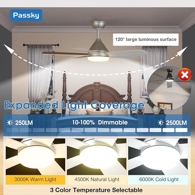 Passky 42 Inch Silver Sleek Ceiling Fans with Lights, Remote Control | 3-color dimmable light, quiet reversible DC motor, easy install, memory, Timer, bedroom, covered outdoor areas