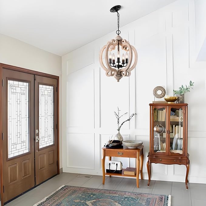 5-Light White Farmhouse Wood Chandelier, Rustic Dining Room Light Fixture with Adjustable Chain, Easy Assembly for Kitchen Island, Bedroom, Entryway, Living Room