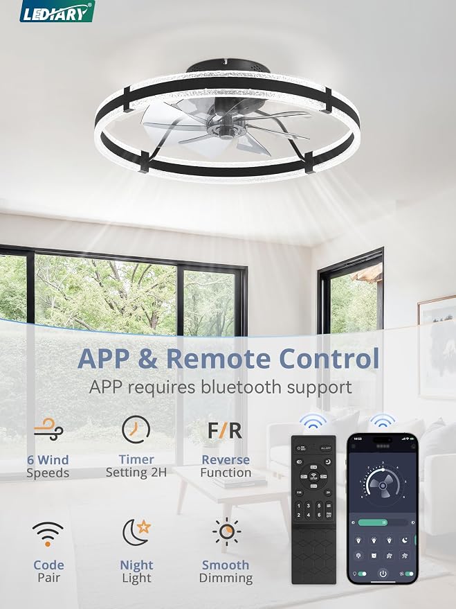LEDIARY 24'' Low Profile Ceiling Fans with Lights and Remote, Black, 2 Pack | 3000-6000K Dimmable LED, 6 Wind Speeds, Quiet Reversible DC Motor, Small Flush Mount Fandelier for Bedroom, Living Room