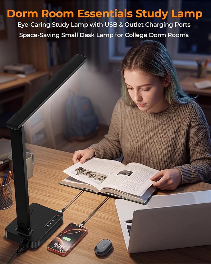 LED Desk Lamp for Dorm Office, USB-C & 2 AC Outlets Charging, Black | LED Desk Lamps for Home Office with 2 USB Charging Ports(1 USB-C), 2 AC Outlets, Foldable Small Desk Lamp for Study Reading