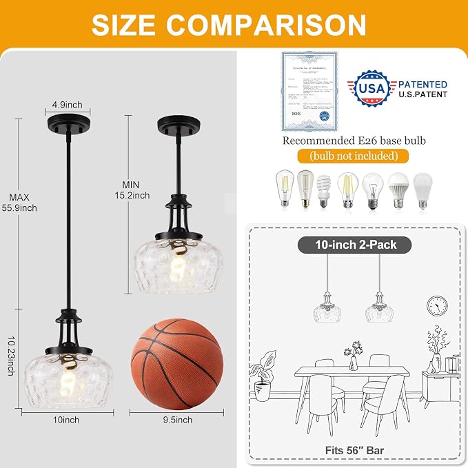 Modern Pendant Lights Kitchen Island, Matte Black Pendant Light Fixtures with 10" Clear Hammered Glass Shade, Industrial Hanging Pendant Lights Fixture for Kitchen Island Dining Room Bedroom Entryway