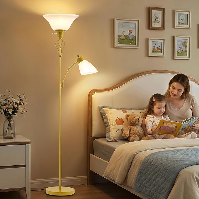 Floor Lamps for Living Room, 70" Tall Torchiere Floor Lamps, Plastic Shade | Tall Lamp with Adjustable Gooseneck Reading Light, Modern Corner Standing Lamp for Bedroom, Office, Separate On/Off Switch