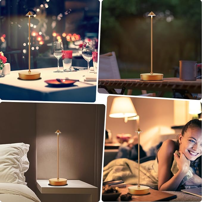 Rechargeable Cordless Table Lamp, Portable Powered LED Battery 6000mAh Metal USB Desk Lamp, 3 Levels Brightness Light for Restaurants Outdoor (Gold)