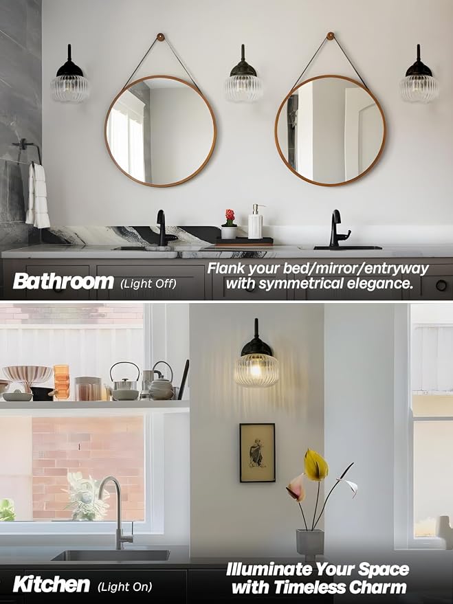 Black Wall Sconce Farmhouse Bathroom Vanity Light,Clear Glass | Bathroom Light Fixtures,Hardwired Indoor,Hand-Blown Thick Glass,for Bathroom Mirror Kitchen,E26 Socket