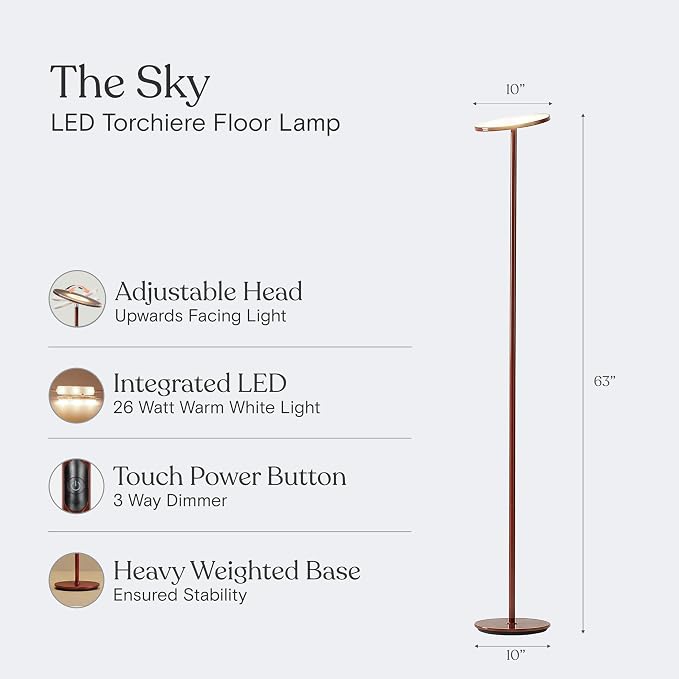 Brightech Sky LED Floor lamp, Torchiere Super Bright Floor Lamp for Living Room Decor & Office - Dimmable, Tall Standing Lamp with Warm Light for Bedroom & Reading - Red
