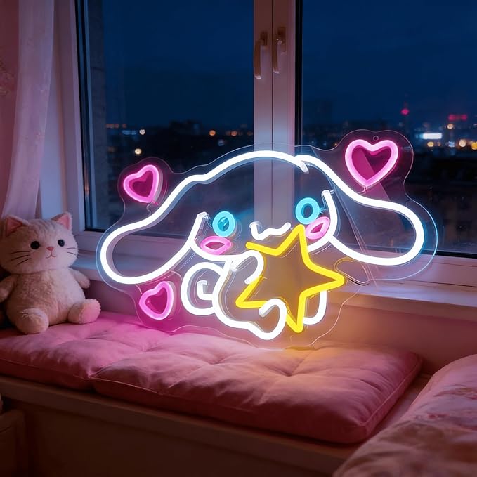 Cinnamoroll Neon Sign for Room Decor, USB Powered LED Lights with Dimmable, Japanese Cartoon Dog Neon Signs, Cute Night Light Gifts for Children (15"L x 9.61"W)