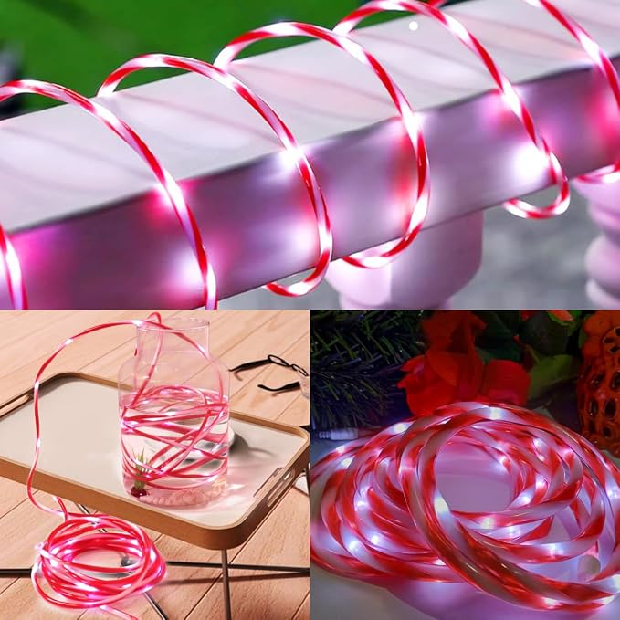 YEGUO Solar Candy Cane Rope Lights Outdoor Waterproof, 2 Packs Each 33ft 100 LED String Light, 8 Modes Fairy Lights in Red & White Thin Tube Lights for Camping Fence Patio Garden Trampoline Deck