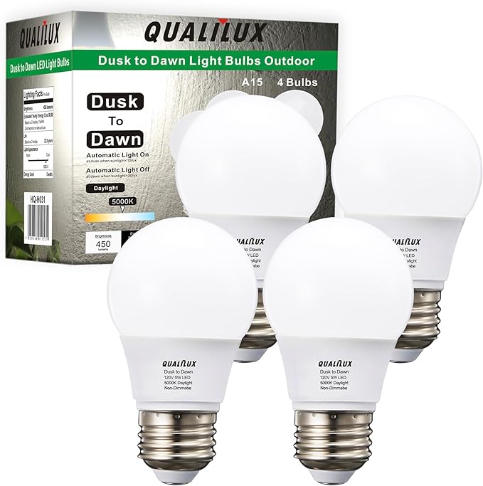 Dusk to Dawn Light Bulbs, Auto On/Off Light Sensing LED Bulbs Outdoor, Daylight, Small A15 4-Pack, 5W 450LM 40W Equivalent, HQ-H031