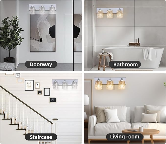 3-Light Crystal Vanity Light for Bathroom, Chrome Over Mirror Light Fixture, Modern Wall Mount for Living Room, Bedroom, Hallway