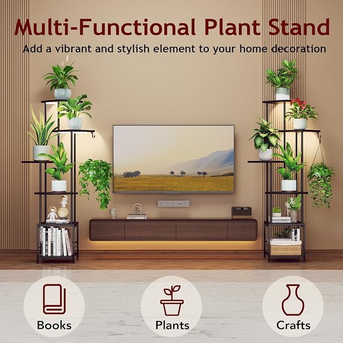 Plant Stand Indoor with Grow Light - 6-Tier Metal Plant Shelf with Hanging Basket Hook, Corner Tall Flower Holder for Multiple Plants, Living Room Balcony Garden Patio, Black