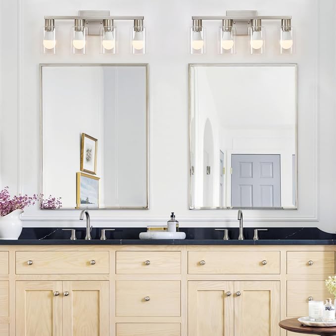 4 Light Bathroom Vanity Light Brushed Nickel Vanity Lights for Bathroom Modern 4-Lights Wall Sconce with Clear Glass Shade for Bedroom Living Room