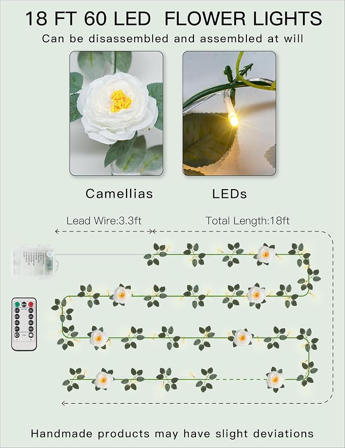 60LED Garland with White Camellia Lights Battery Operated Clear Wire | Vines Fairy Lights with Remote,Artificial Fake Flowers String Lights for Wedding,Bedroom,Centerpieces Decor(Warm White)