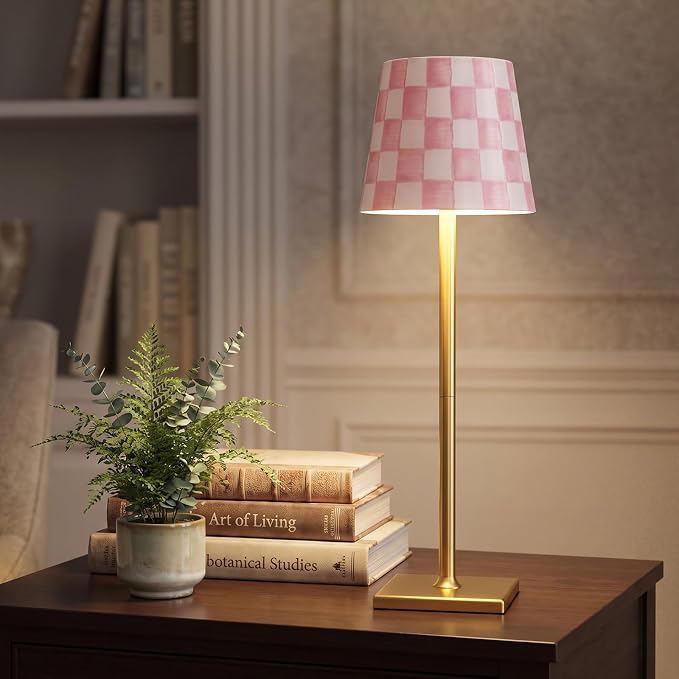 Pickmesh 1 Pack Pink Checkered Mahjong Cordless Lamp Scalloped Edge Mahjong Print LED Lamp 3 Color Dimmable Rechargeable Stylish Lamps for Mah Jong Table Living Room Nightstand Desk