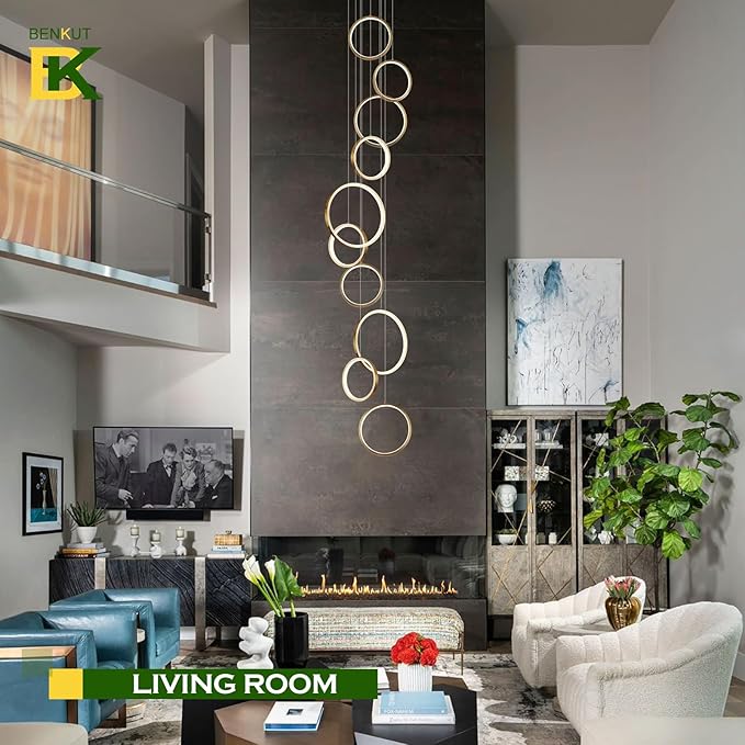 High Ceiling Chandelier 10 Ring Gold Foyer Chandeliers Entryway Long Modern LED High Ceiling Light Staircase with Remote Control for Living Dining Room (98.5in 3000K-6500K)