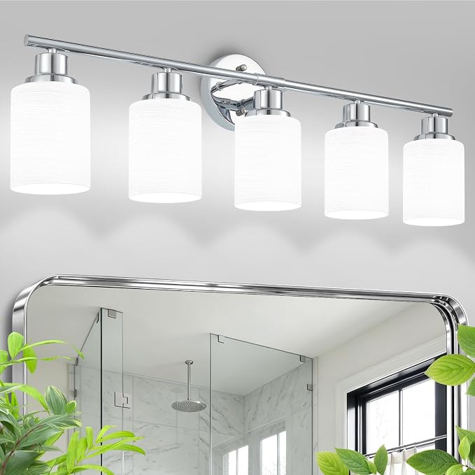 5-Light Chrome Vanity Lights for Mirror, Bathroom Light Fixtures with Textured Milky White Glass Shade, Modern Kitchen Light Fixtures Wall Sconce Light