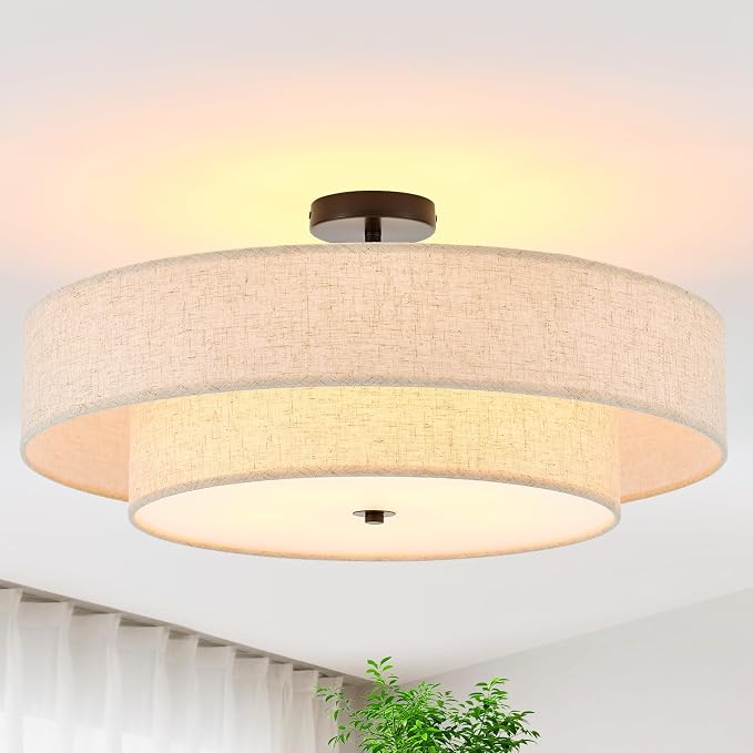 25.6" Black Semi Flush Mount Ceiling Light，5-Light Linen Shade | Large Modern Fabric Drum Light Fixture，E26 Base for Living Room ,Bedroom ,Kitchen ,Dining Room ,Hallway,Closet,Laundry Room