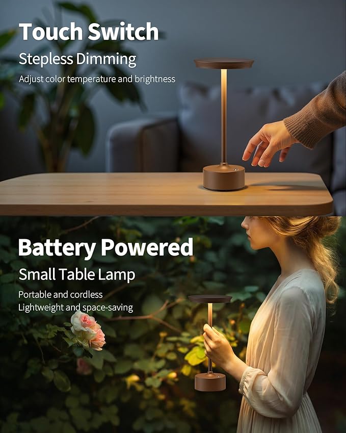 PUSU Rechargeable Table Lamps Set of 2, Brown Cordless Portable Desk Lamp | 4000mAh Battery, Stepless Dimming & 3 Color 2700K-6000K, LED Lamp for Bedroom, Living Room, Restaurant, Outdoor, Night Light