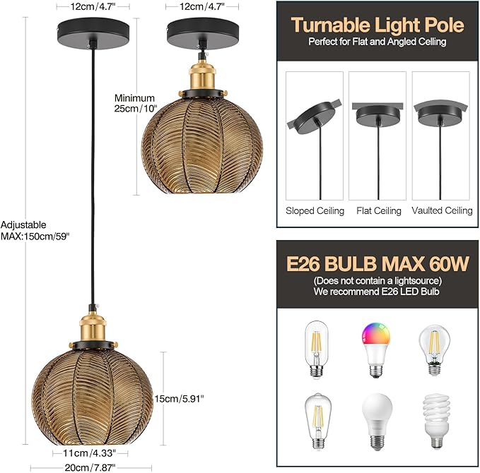 7.8in Vintage Pendant Light 2- Light Kitchen Sink Pendant Lights with Amber Hand Blown Glass Small Hanging Lamp for Kitchen Island Dining Room Bedroom Bathroom Hallway E26