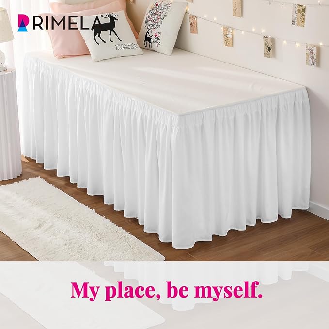 RIMELA Dorm Bed Skirt Twin XL 32 Inch Drop, Easy to Install Extra Long Wrap Around Elastic Dust Ruffle, White Bedskirt Solid Silky Fabric Machine Washable, Bedroom Decor