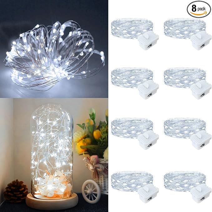 8 Pack Fairy Lights Battery Operated, 7ft 20 LED 3 Modes Speed Twinkle Mini String Lights Waterproof Silver Wire Firefly Starry Lights for Mason Jars Wedding Party Christmas Decorations