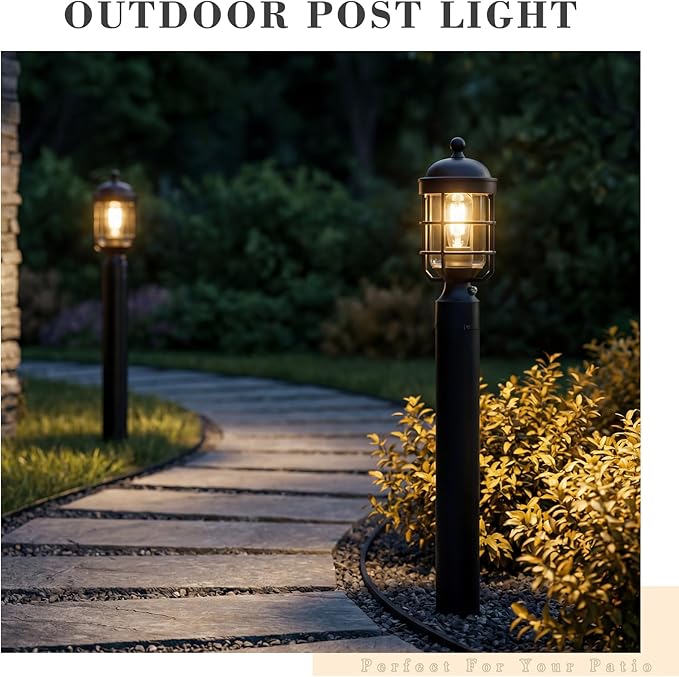 Emliviar Dusk to Dawn 14.4 Inch Black Pillar Light Fixtures, 2 Pack Porch Lamp Post Lanterns with Clear Tempered Glass, Pathway Lighting with Photocell Sensor, GE255P-L-PC-2 BK
