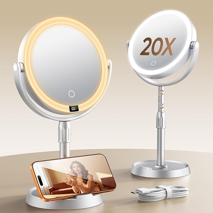 7" ABS Lighted Makeup Mirror with Lights, 1X/20X Magnifying Mirror with Light and Digital Display, 2.6in Height Adjustable, Rechargeable, 3 Color Modes for Makeup & Shaving, Easy to Detach, Women Gift