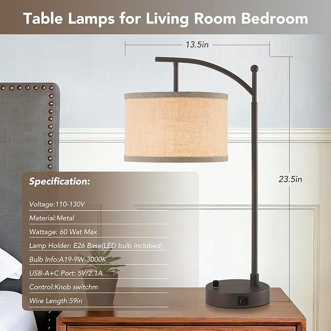 Table Lamp for Living Room Bedroom, 23.5" Table Lamps Set of 2 with USB C+A Ports, Bedside Lamps for Nightstand with Linen Lamp Shades, 2 Dimmable LED Bulbs Included, Brown