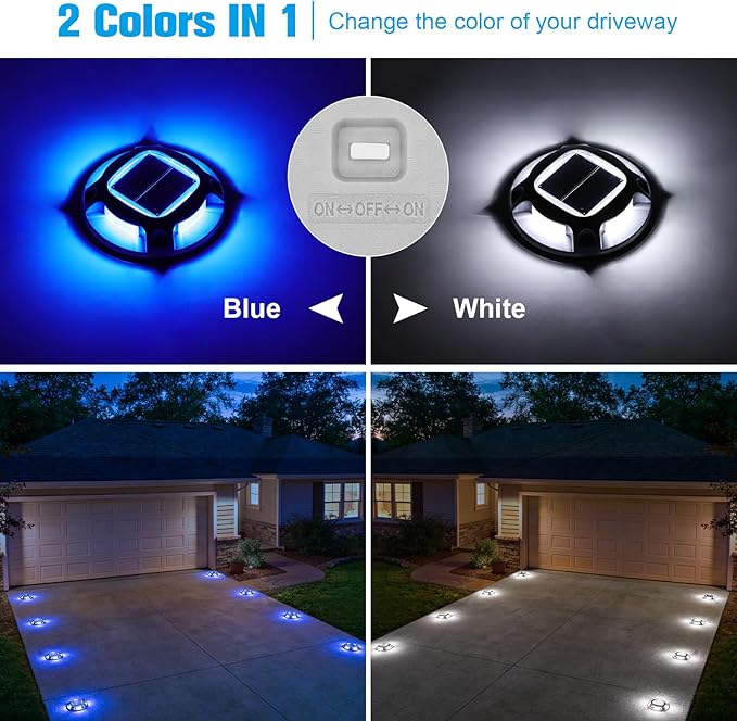 VOLISUN Solar Driveway Lights Dock Marine Lights 4 Pack,2 Colors in 1,Outdoor LED Deck Light,Solar Powered Waterproof Warning Step Light for Driveway Sidewalk Pathway (Blue/White),Saltwater Resistant
